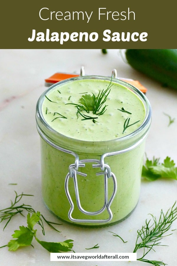 creamy jalapeno sauce in a container on a counter with a text box